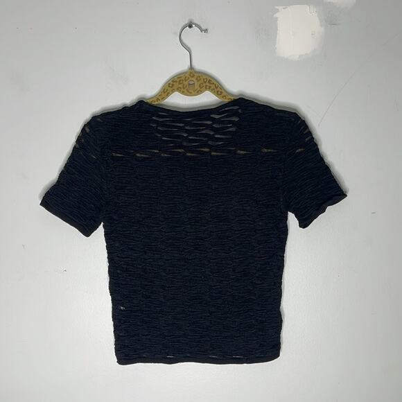 D. EXTERIOR Black Viscose Blend Semi Sheer Textured Short Sleeve Top Size Medium - Picture 6 of 6